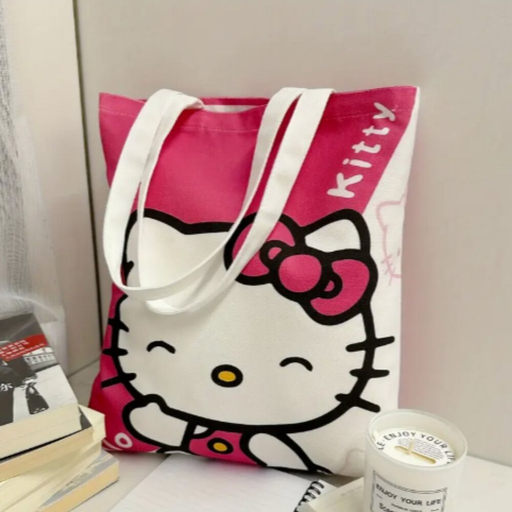 Hello Kitty Canvas Tote Bag Double Handle Reusable NWT